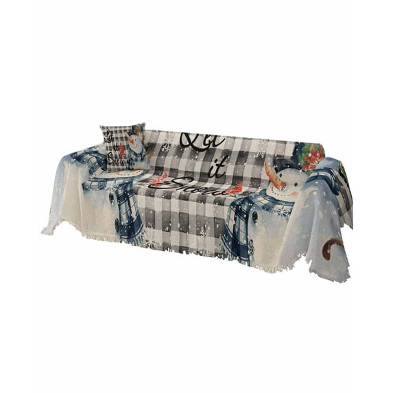 Black Plaid Snowman Christmas Sofa Couch Covers for 3 Cushion Couch, Washable L Shape Sectional Sofa Covers for Loverseat/Pets/Kids, Snowflake Birds Botanical Slipcover Blanket Futon Cover 71''x134''
