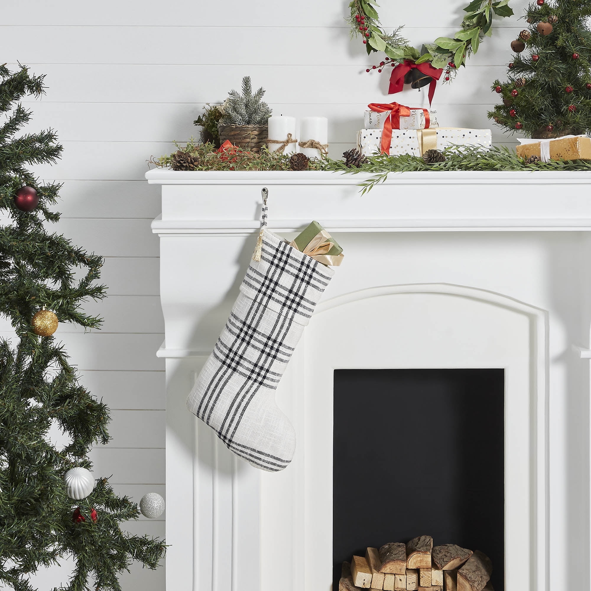 Black and White Plaid Cotton Christmas Stocking 12x20