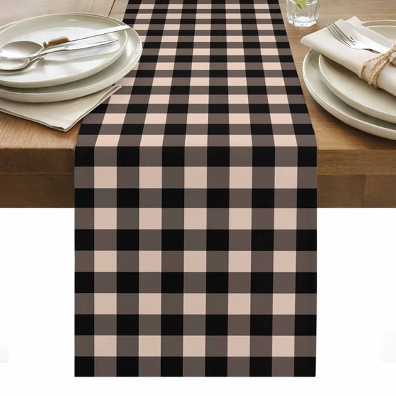 Black Plaid Table Runner - 70 Inch Long, Kitchen Dining Table Runner Dresser Scarves, Vintage Country Gray Buffalo Check Gingham Farmhouse Decor for Coffee Tables Wedding Party Banquet