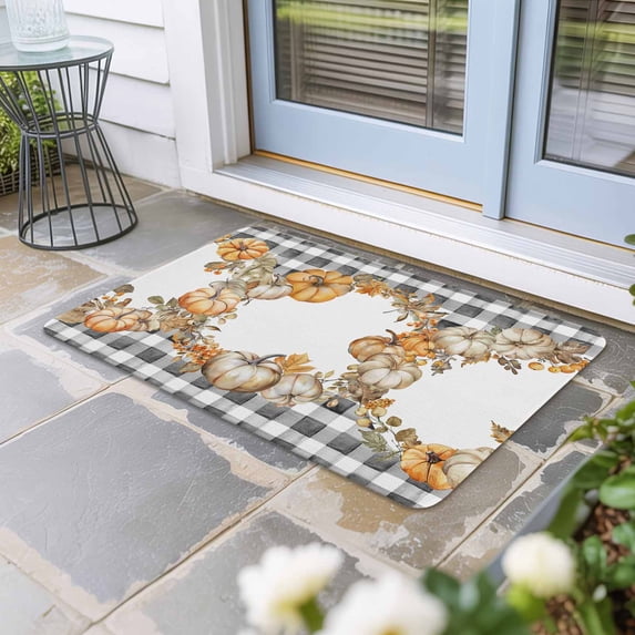 Black Plaid Thanksgiving Door Mat Indoor Outdoor, Fall Pumpkins Wreath ...