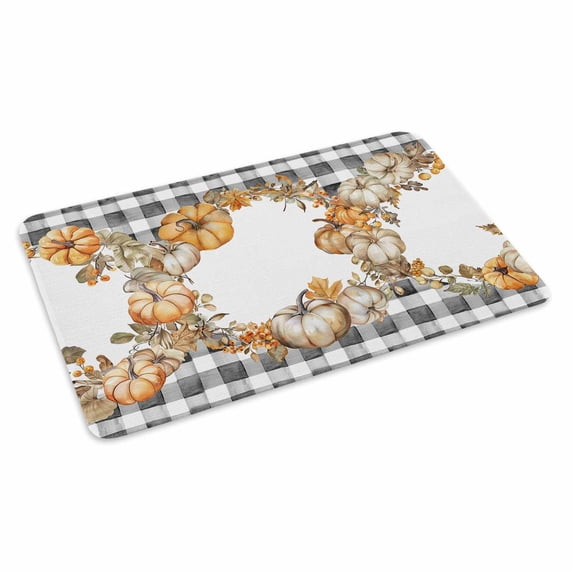 Black Plaid Thanksgiving Doormat Outdoor Entrance 24"x36", Fall Pumpkins Wreath Absorb Moisture Dirt Door Mats, Non-Slip Rubber Backing Floor Mats Indoor, Low-Profile Front Door Rugs