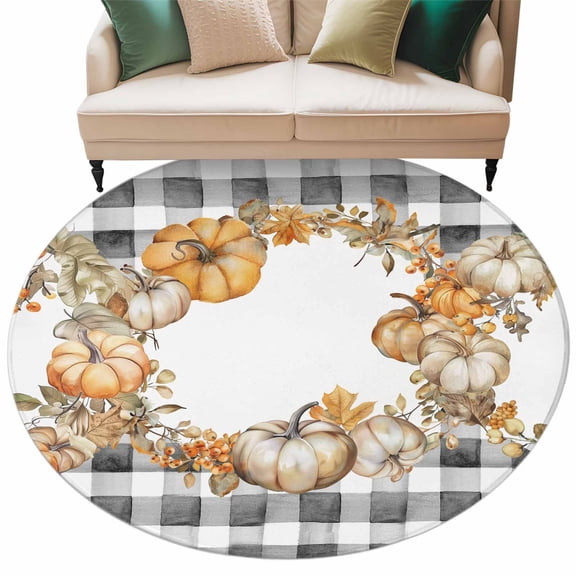Black Plaid Thanksgiving Large Area Rugs for Bedroom Living Room, Soft Non Slip Carpet Bedside Rug, Fall Pumpkins Wreath Round Floor Cover Kitchen Accent Rug 5' for Dining Room/Office