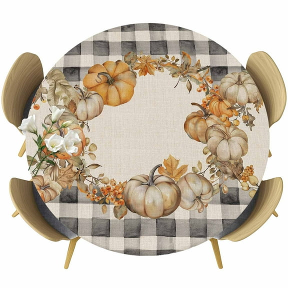 Black Plaid Thanksgiving Round Tablecloth 36-44 Inch Round Fitted Table Cloth with Elastic Edge, Fall Pumpkins Wreath Rustic Waterproof Table Cover Protector for Outdoor Picnic Party Dining