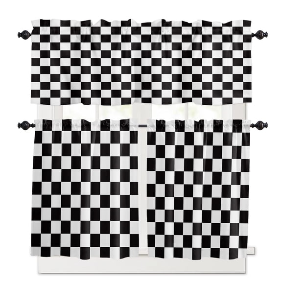 Black Plaid White Plaid Kitchen Curtains Valances and Tiers Set of 3, Geometric 24 Inch Length Tier Curtains and Valance Rod Pocket Valance Curtains Set for Kitchen Bathroom Small Windows