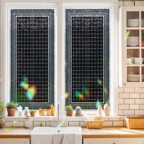 Black Plaid Window Privacy Film Country Rustic Farmhouse Geometric Lines Grids Checkered Static Cling Stained Glass Window Film Non-Adhesive Decorative Decals Rainbow Sticker 17.7"X39.3"