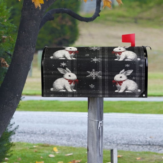 Black Plaids Christmas Rabbit with Red Bows Magnetic Mailbox Cover Rust ...