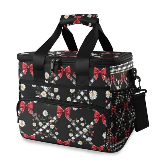 Black Plaids Red Bows White Daisies Portable Cooler Lunch Box Reusable ...