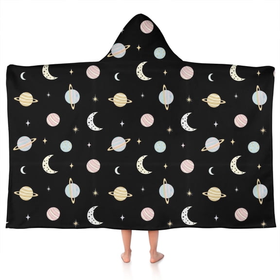 Black Planet Moon Pattern Hooded Bath Towel，50"x30" for Ages 3 To 12 Kids, Quick Dry Lightweight Soft Microfiber Hood Beach Towel Cover Up for Kids
