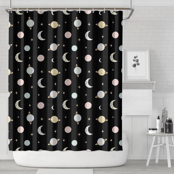 Black Planet Moon Pattern Shower Curtain 72"x84" ,Bathroom Decorative Shower Curtains Set with 12 Hooks,Modern Waterproof Washable Shower Curtain