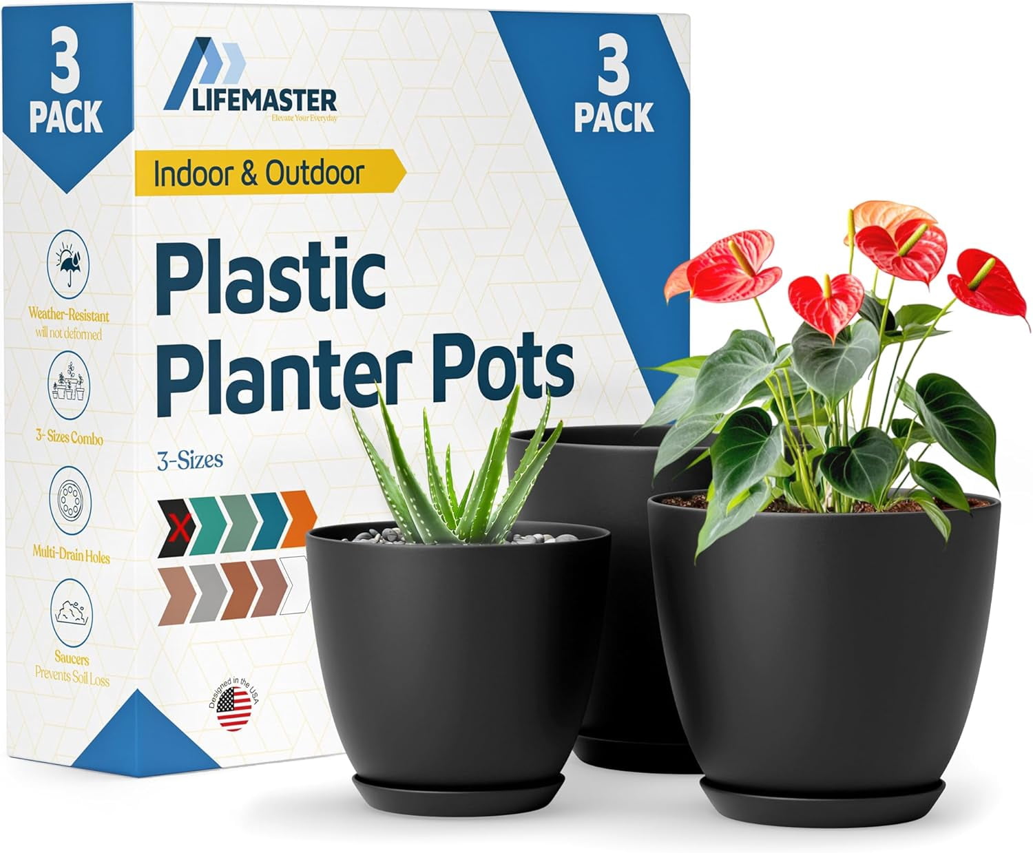 Black Plant Pots with Drainage Holes & Saucers 3 Packs, Indoor & Outdoor Stackable Plastic Planters in Multiple Sizes for Houseplants & Flowers, Durable & Weatherproof Materials, Matte Finish