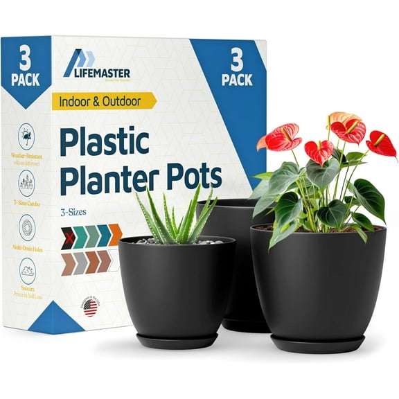 Black Plant Pots with Drainage Holes & Saucers 3 Packs, Indoor & Outdoor Stackable Plastic Planters in Multiple Sizes for Houseplants & Flowers, Durable & Weatherproof Materials, Matte Finish