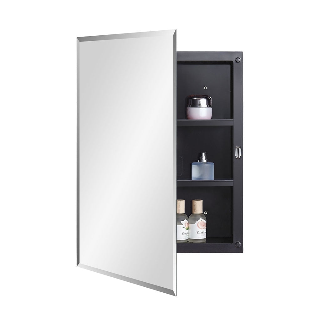 Black Plastic Bathroom Medicine Mirror Cabinet 16 x 22 inch Surface and Recessed Mount