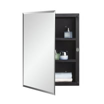 Black Plastic Bathroom Medicine Mirror Cabinet Beveled Edge, 16 x 20 inch, Surface and Recessed Mount