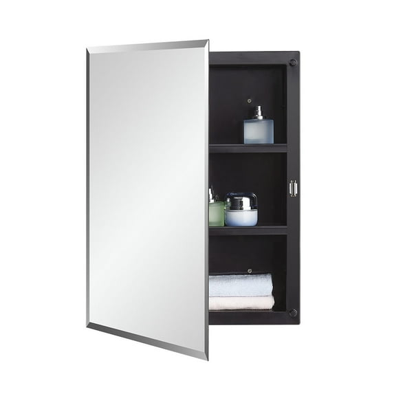 Black Plastic Bathroom Medicine Mirror Cabinet Beveled Edge, 16 x 20 inch, Surface and Recessed Mount