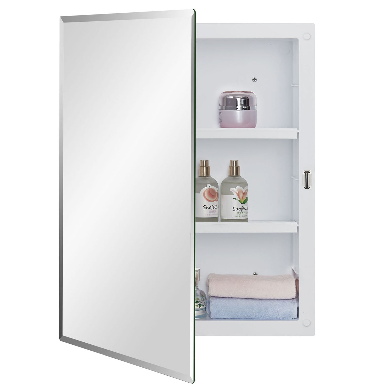 Black Plastic Bathroom Medicine Mirror Cabinet Beveled Edge, 16 x 20 inch, Surface and Recessed ...