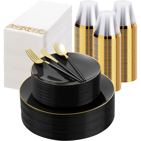 Black Plastic Dinnerware Set with Plates Cups Cutlery and Napkins