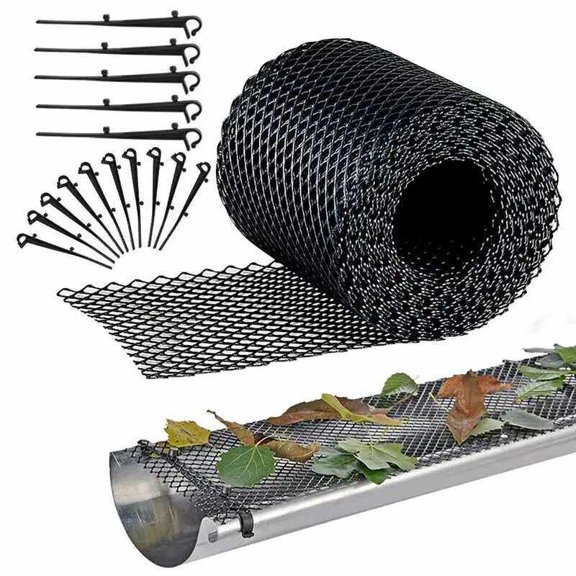 Black Plastic Eaves Drainage Netting (6 x 20 ft), Single Roll with Hooks, Gutter Leaf Filter Netting, Roof Drainage Gutter Anti-Clogging Accessories