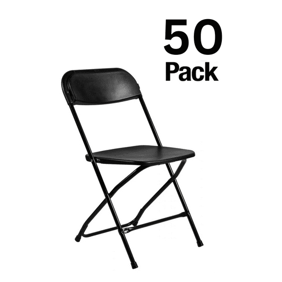 Black Folding Chair (Steel-Poly Chair) Samson Series Heavy Duty 2 Year Warranty by Chivari (50-Pack)