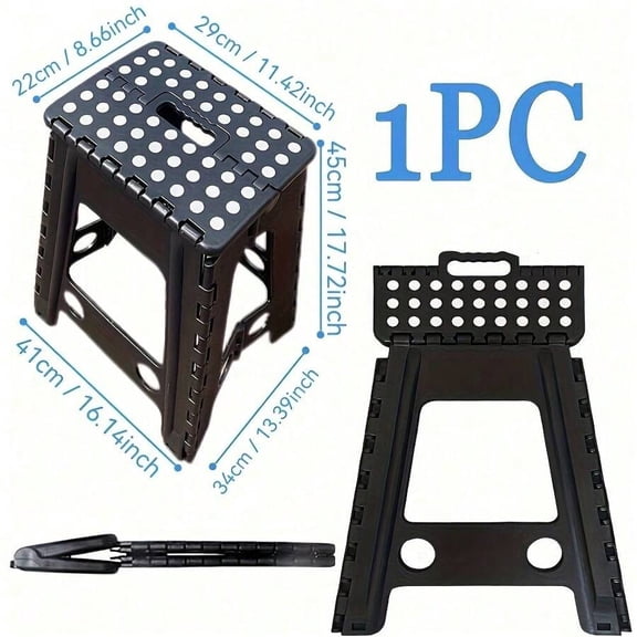 Black Plastic Folding Step Stool With Handle, 17.7 Inch Lightweight Space-Saving For Bathroom Kitchen Bedroom