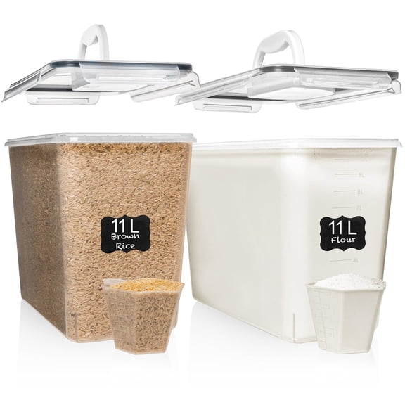 Black Plastic Food Storage Canisters, 2 Piece 11L Set, For Pantry Kitchen Organization