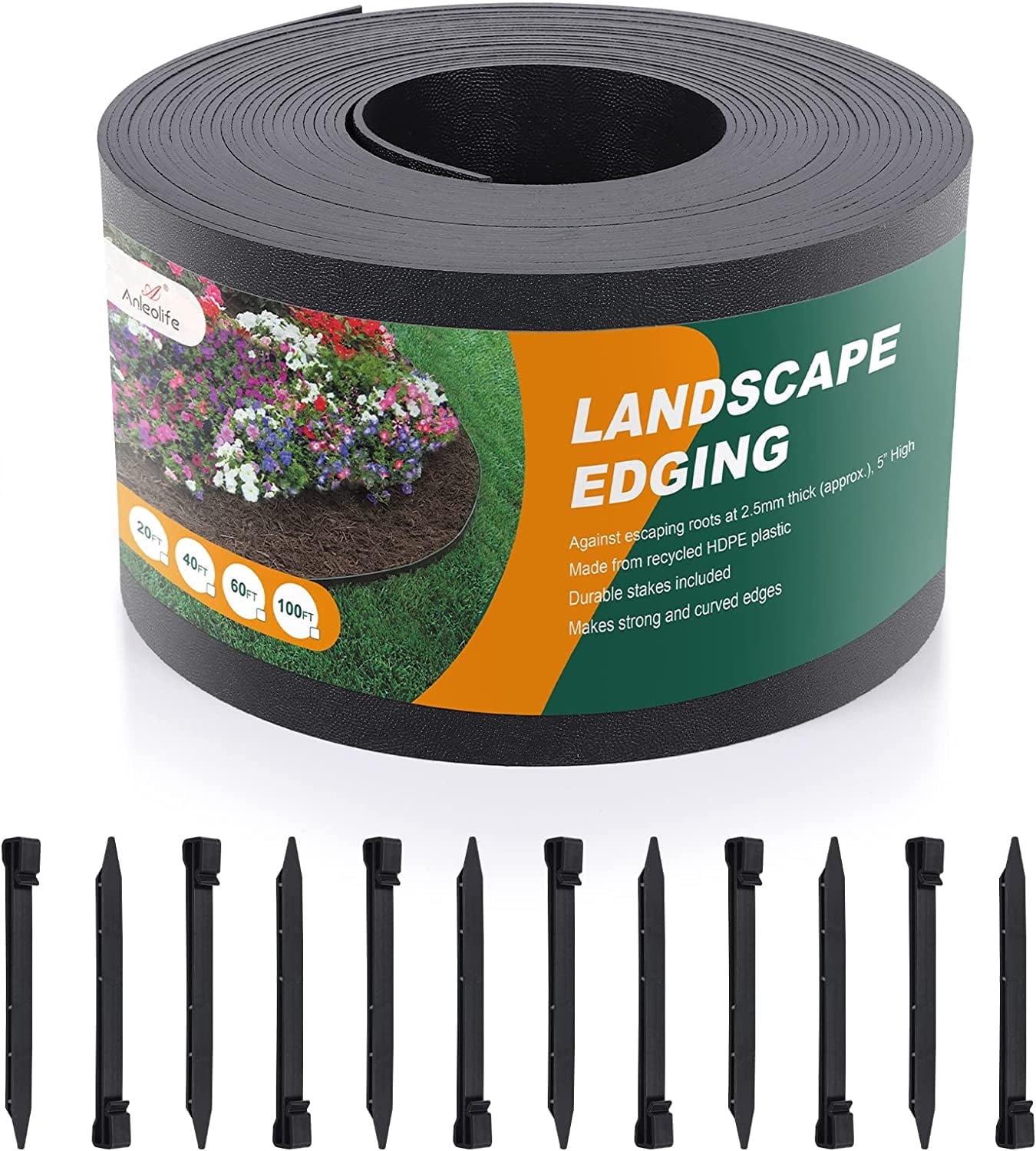 Black Plastic Garden Landscape Edging, 5” Tall Border Coil with 6 Durable Stakes, Flexible and Strengthened with Anti-UV Treatment (60ft with 18pcs Stakes)