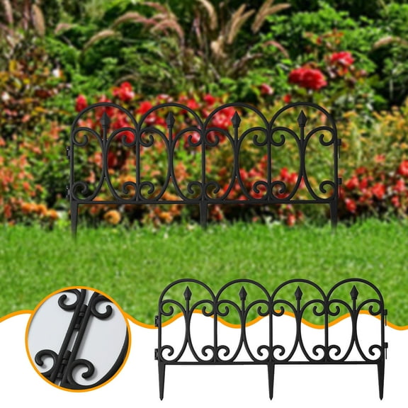 Black Plastic Garden Picket Fence - Modular Interlocking Lawn Edging Panels with Ground Spikes, Weather-Resistant Decorative Border for Flower Beds, Paths, and Driveways (22.8" W x 12.6" H)