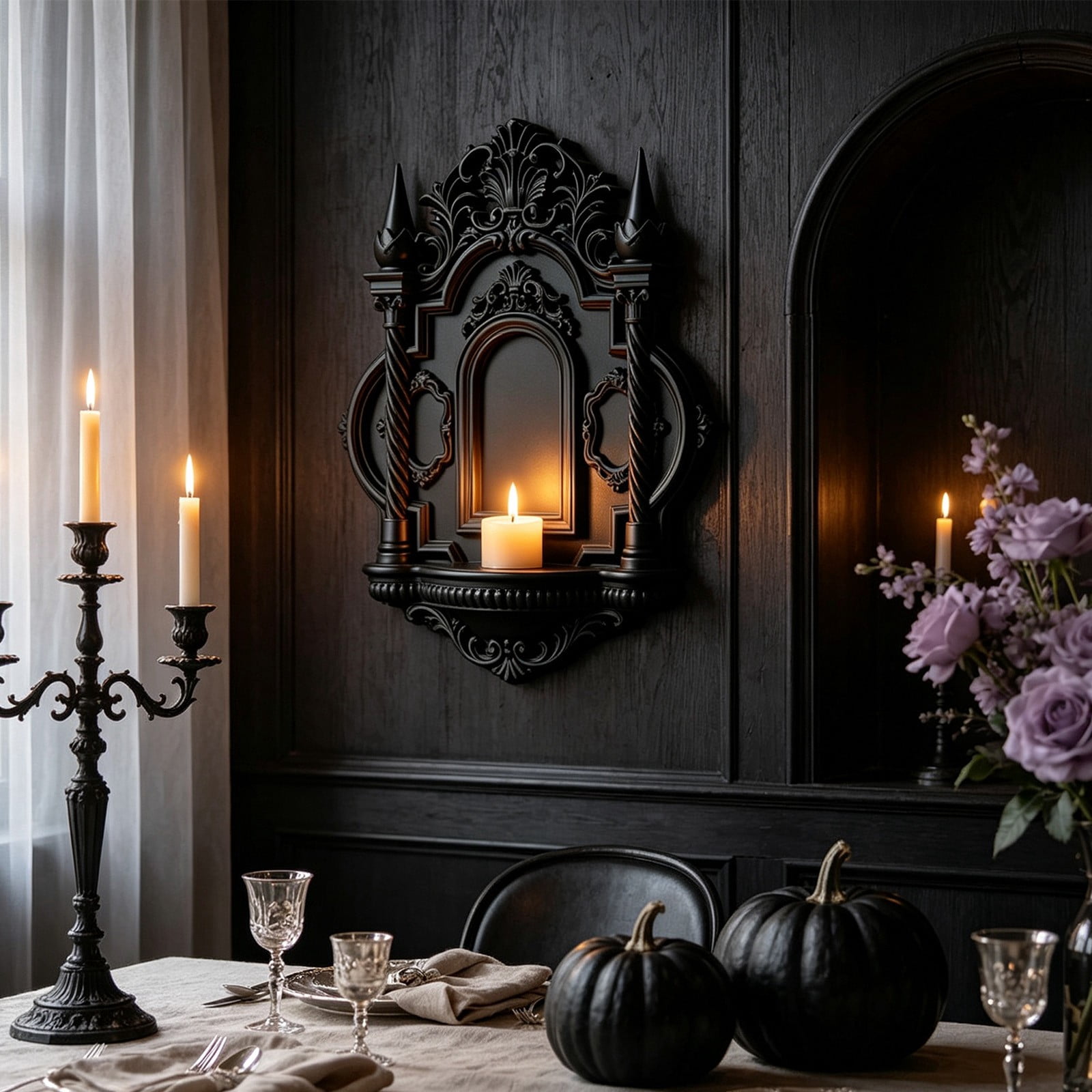 Gothic Display Sign Black Plastic Gothic Display Shelf with Arch Niche, LED Candle Holder ...