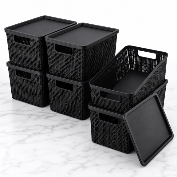 Black Plastic Lids Set of 6 Stackable Storage Baskets for Organizing