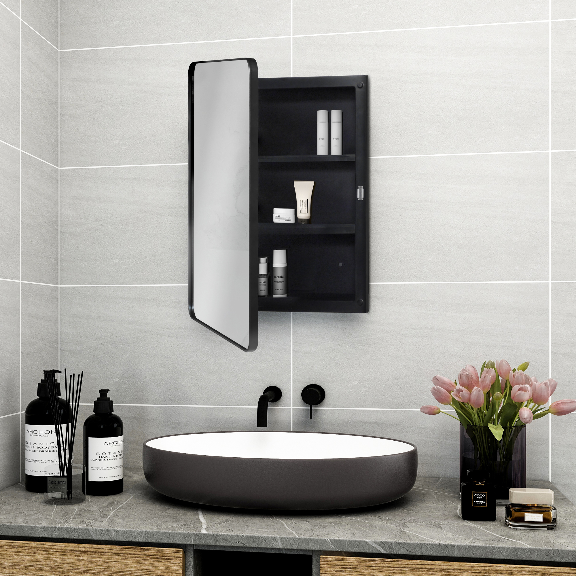 Black Plastic Medicine with Round Corner Metal Framed Mirror