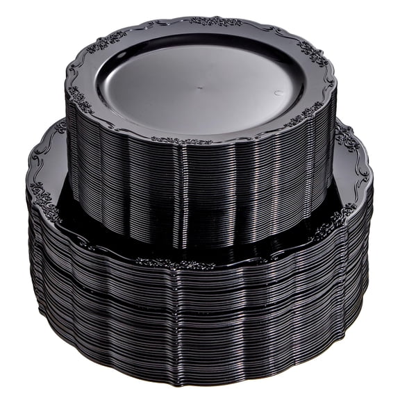 Black Plastic Party Plates, 100 Count Includes 50 10'' Dinner & 7.5'' Dessert Plates