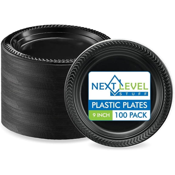 Black Disposable Plastic Plates, 100 Count, Heavy Duty Dinner Plates for Parties, Events, and Everyday Use