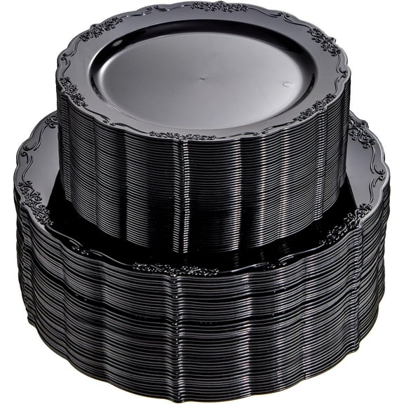 Black Plastic Plates, Heavy Duty Plates Including Dinner Plates & Dessert Plate - Hard Plastic Plate for Party Wedding Bridal Shower