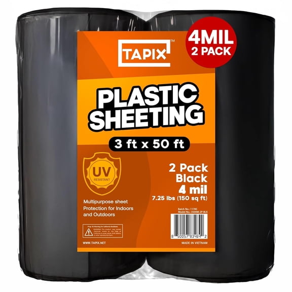 Black Plastic Sheeting Roll 3'x50' (2 Pack) 4 Mil UV Protected, Weed Barrier & Landscape Plastic for Gardening, Root Blocker & Moisture Barrier, Protective Covering for Painting & Equipment