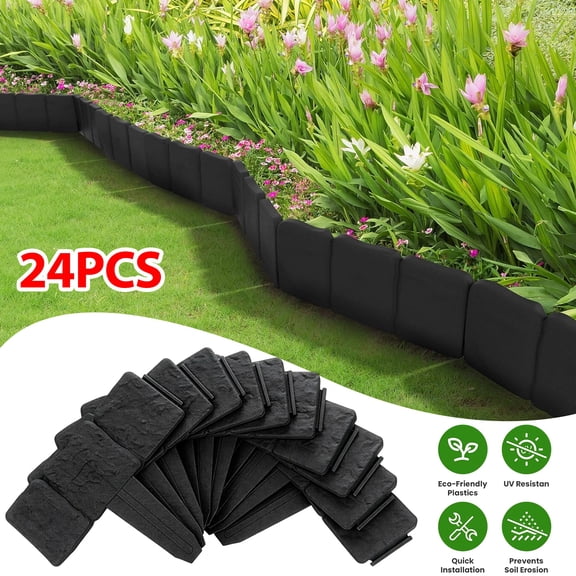 Black Plastic Stone Garden Edging Border, 24PCS Interlocking Landscape Edging Stakes, Simulated Stone Lawn Flower Bed Fence, DIY Flexible Yard Path Separator for Outdoor Patio Lawn Plant Bed