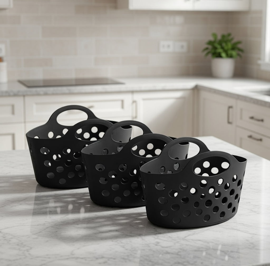 Black Plastic Storage Baskets with Handles and Ventilation Holes, Set of 3 - Durable Multipurpose Organizer Bins for Home, Bathroom, Kitchen, Closet