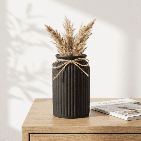 Damkogic Black Plastic Vase, Vertical Ribbed Jute Texture Vase for Home Decor, Housewarming Gift, 6.10 x 3.15 in