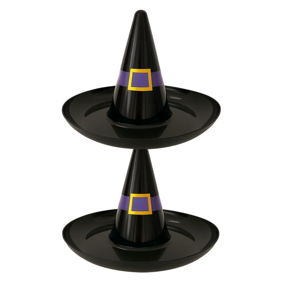 Black Plastic Witch Hats with Purple Band, 2 Pack, 13.5 Inch