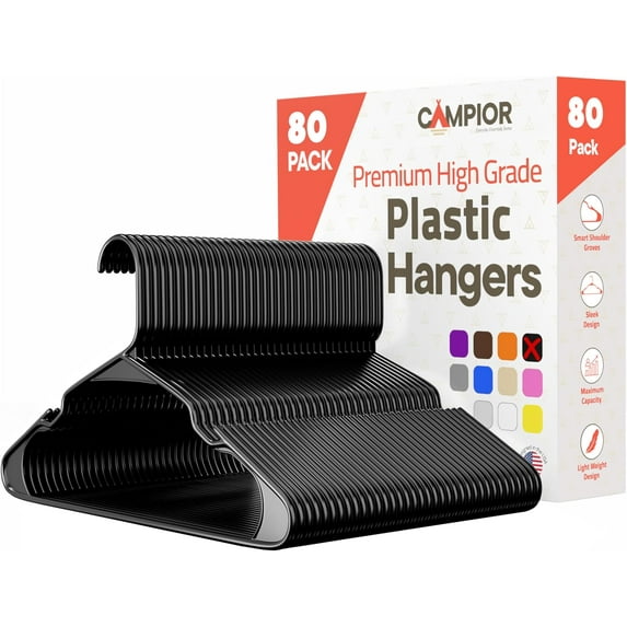 Black Plastic hangers 80 Pack– Heavy-Duty Plastic Hangers Slim and Space-Saving Hangers, Durable & Lightweight PP Hangers with Non-Slip Shoulder Notches for Slip Dresses, Suits, Jackets & Camisoles