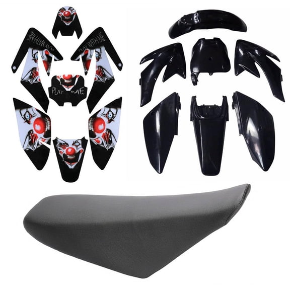 Black Plastics Fender Fairing Kit + Graphics Decals Kit + Tall Seat for CRF70 CRF70F CRF 70 Pit Dirt Bike Thumpstar Taotao DB17 125cc 140cc 150ccc 160cc 200cc Motorcycle