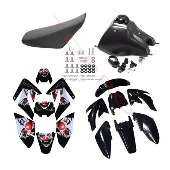 Black Plastics Fender Fairing Kit + Graphics + Tall Seat + Fuel Tank Bolts for CRF70 CRF70F CRF 70 Pit Dirt Bike Thumpstar Taotao DB17 125cc 140cc 150ccc 160cc 200cc Motorcycle