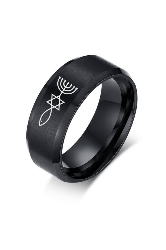 Black Plated Messianic Seal of Jerusalem Stainless Steel Matte Ring for Israeli Religious Jewish Star of David Menorah Ichthys Finger Ring Judaism Christian Faith Symbol Band for Women Men, Size 8