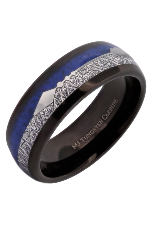 Black Plated Tungsten Carbide 8mm Blue Lapis Lazuli Inlay and Meteorite Inlay / Arrow Ring Size 8.5