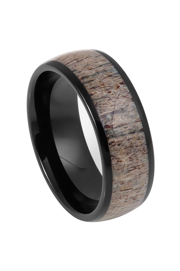 Black Plated Tungsten Deer Antler Center Dome Band Ring Size 9.5