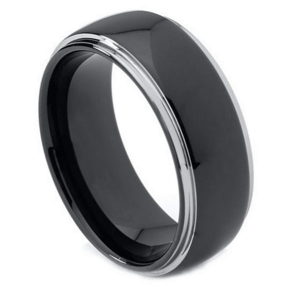 Black Plated Tungsten Domed Silver Stepped Edge Ring Size 9.5