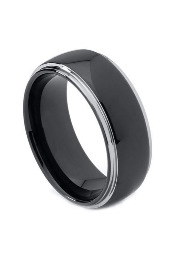 Black Plated Tungsten Domed Silver Stepped Edge Ring Size 9