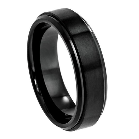 Black Plated Tungsten Flat Brushed Center 6MM Stepped Edge Ring Size 5.5