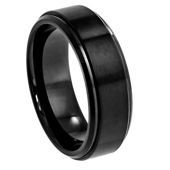 Black Plated Tungsten Flat Brushed Center 8MM Stepped Edge Ring Size 9.5
