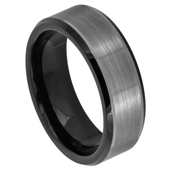 Black Plated Tungsten Gray Brushed Center Beveled Edge Ring Size 7.5
