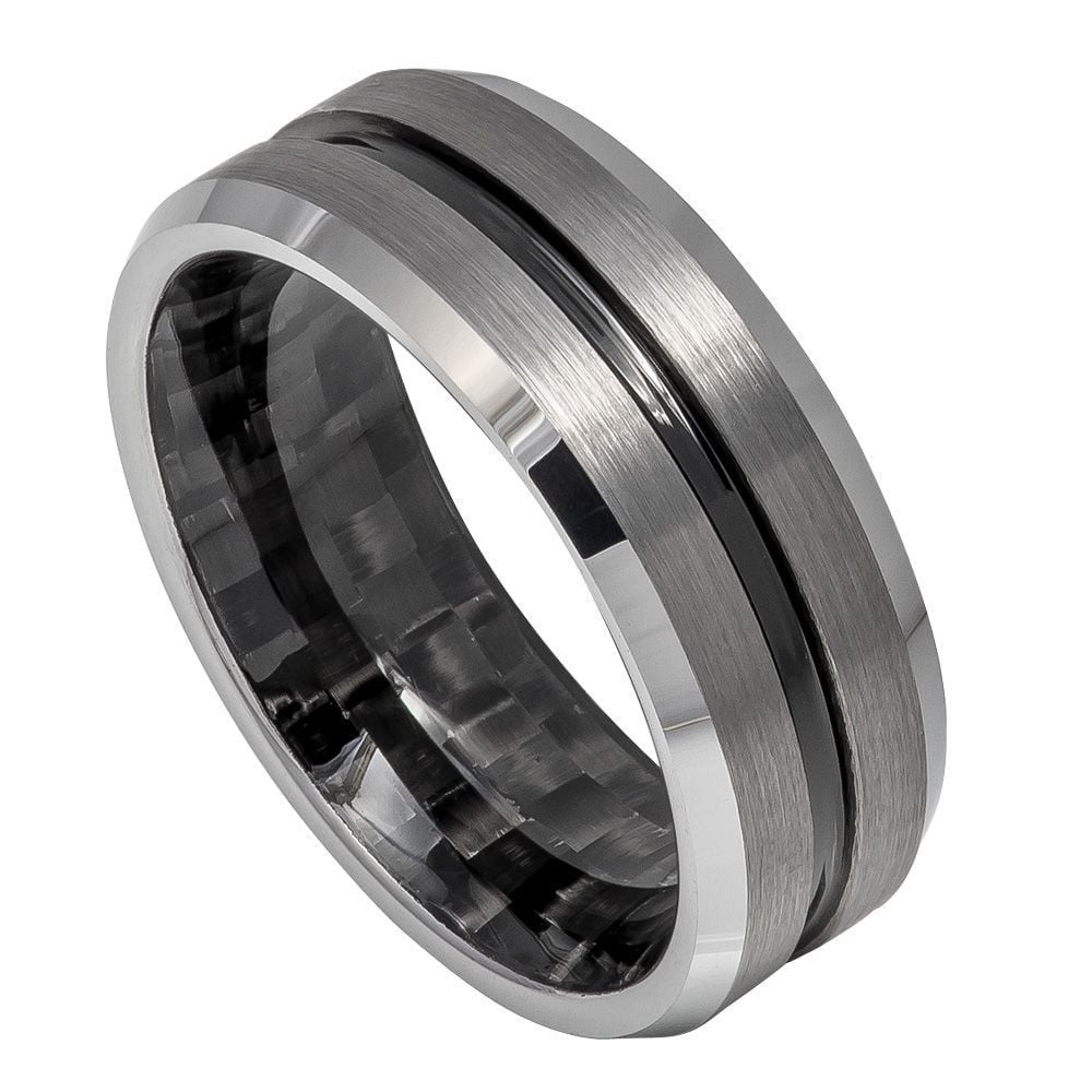 Black Plated Tungsten Grooved Black Carbon Fiber Center Ring Size 15