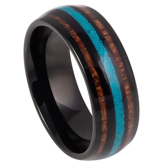 Black Plated Tungsten Koa Wood Crushed Turquoise Domed Ring Size 12.5